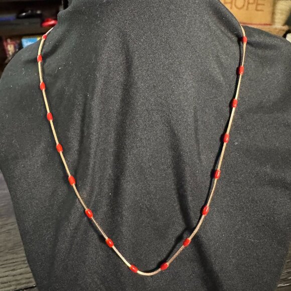 Vintage Gold-Tone Cable Chain Necklace W/ Red Beads & Lobster Clasp Closure 16" - Picture 8 of 10